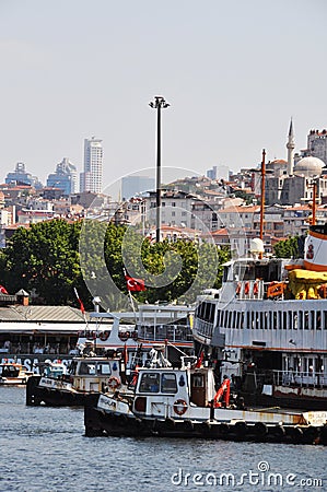 View of the marina from pleasure boats. Istanbul, anchorage of ships against the backdrop of city buildings. Editorial Stock Photo