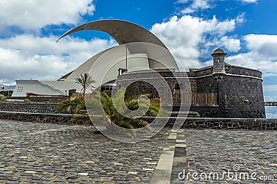 A view from the Maritime Park in Santa Cruz, Tenerife towards the Castle of Juan Bautista Editorial Stock Photo