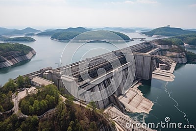 view of a massive hydroelectric power plant, with the dam and reservoirs visible in the background Stock Photo