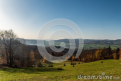 View from meadow bellow Filipka hill summit in autumn Slezske Beskydy mountains in Czech republic Stock Photo