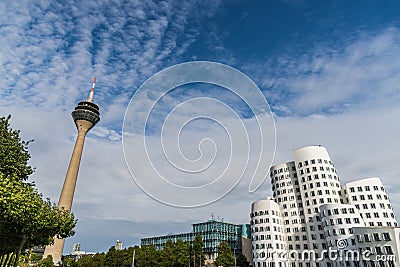 View at Medienhafen Zollhof district and Rheinturm tower in Dusseldorf, Germany. Editorial Stock Photo