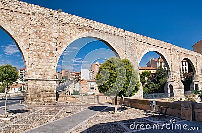 View of the medieval aqueduct of Los Arcos in Teruel. 16th century Stock Photo