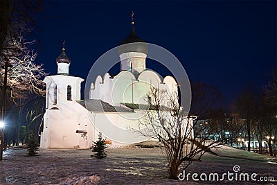 View of medieval church of Basil the Great on the Hill on February night. Pskov, Russia Stock Photo