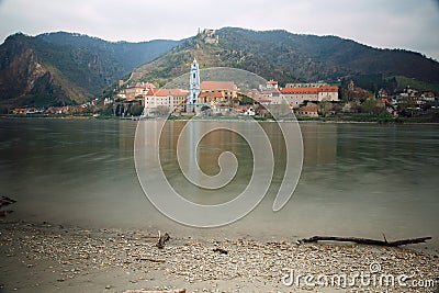 View of the medieval monastery Duernstein on the river Danube. Wachau valley, Lower Austria Stock Photo