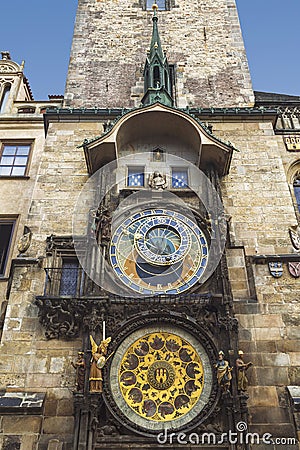 View of the medieval prague astronomical clock prague orloj on the tower of the old town hall on the Staromestskaya square in Pr Editorial Stock Photo