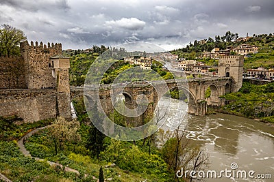 View of the medieval San Martin bridge in Toledo, Castila la Mancha Stock Photo