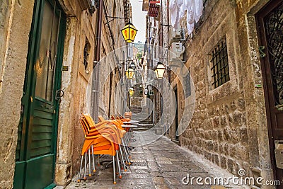 View of a medieval street early in the morning in the Old Town of Dubrovnik, on the Adriatic Sea coast of Croatia Editorial Stock Photo