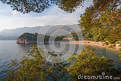 View of the Mediterranean sea and luxury hotel near beach. Milocer Park. Montenegro. Stock Photo