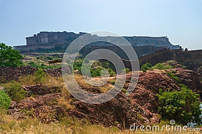 View of Mehrangarh fort from Rao Jodha desert rock park, Jodhpur, India. Stock Photo