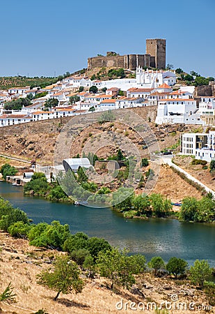 The view of Mertola town over the Guadiana river. Portugal Stock Photo