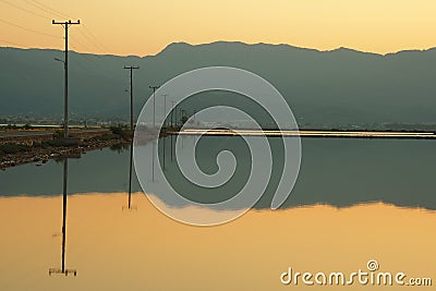 VIEW OF MESSOLONGHI LAGOON AT SUNRISE - GREECE Stock Photo