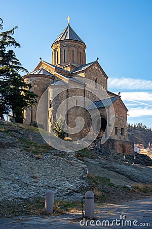 View Metekhi Church in the morning above the Kura river in Tbilisi Stock Photo