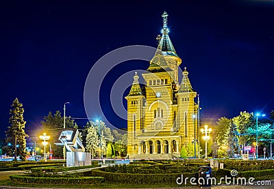 View of the metropolitan cathedral in romanian city timisoara during night...IMAGE Editorial Stock Photo
