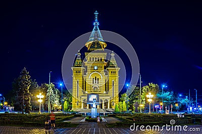 View of the metropolitan cathedral in romanian city timisoara during night...IMAGE Editorial Stock Photo