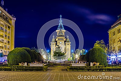 View of the metropolitan cathedral in romanian city timisoara during night...IMAGE Editorial Stock Photo