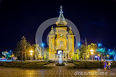 View of the metropolitan cathedral in romanian city timisoara during night...IMAGE Editorial Stock Photo