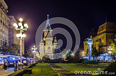 View of the metropolitan cathedral in romanian city timisoara during night...IMAGE Editorial Stock Photo