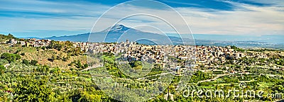 View of Militello in Val di Catania with Mount Etna in the background - Sicily, Italy Stock Photo