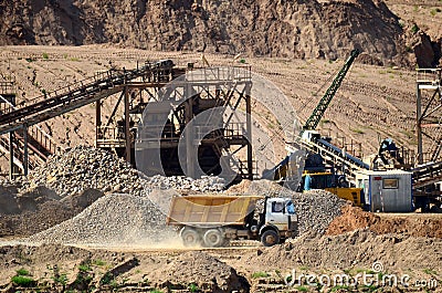 View on the mining quarry for the production of crushed stone, sand and gravel. Stock Photo