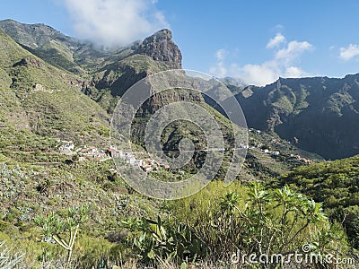 View of Mirador de Cruz de Hilda. Picturesque valley with old village El turron. Landscape of sharp rock formation Stock Photo