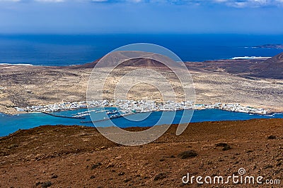 View from Mirador del Rio to Caleta del Sebo on La Graciosa, Lanzarote Stock Photo