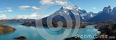 View from Mirador Pehoe towards the Mountains in Torres del Paine, Patagonia, Chile. Stock Photo