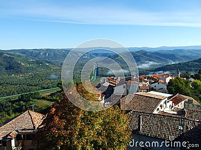 View of the Mirna River valley and autumn morning fog from the old town of Motovun - Istra, Croatia /Pogled na dolinu rijeke Mirne Stock Photo