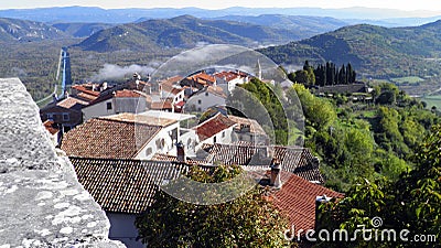 View of the Mirna River valley and autumn morning fog from the old town of Motovun - Istra, Croatia /Pogled na dolinu rijeke Mirne Stock Photo