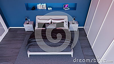 View of a modern bedroom interior furniture. Furniture with bed and wardrobe. Interior architecture, project Stock Photo