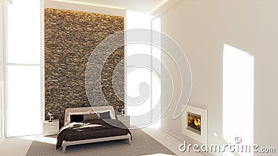 View of a modern bedroom interior furniture. Furniture with bed and fireplace. Interior architecture, project. Stock Photo