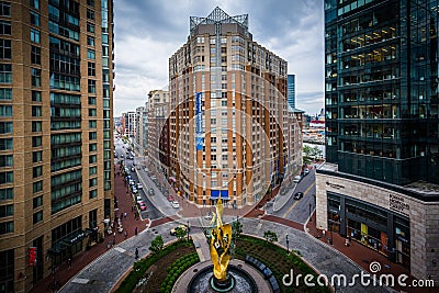 View of modern buildings and traffic circle in Harbor East, Baltimore, Maryland. Editorial Stock Photo