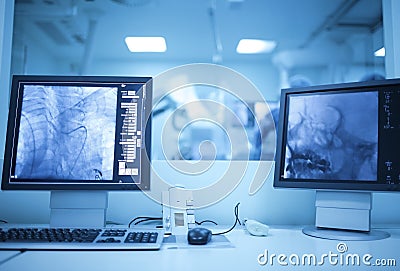 View of modern medical X-ray operating room (cath lab) Stock Photo