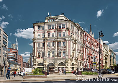 View of the modern Myasnitskaya Plaza business center, built in 2003 in the old style Editorial Stock Photo