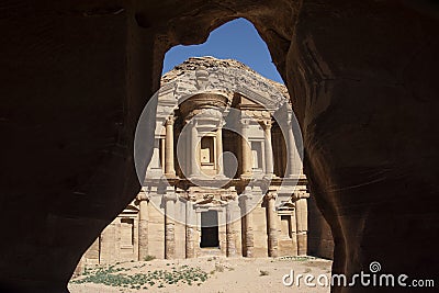 View on the Monastery, Ad Deir, of the historical city of Petra, Jordan, as seen from the inside of a bedouin cave Stock Photo
