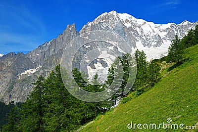 View on Mont Blanc Monte Bianco mountain range in sunny day. Stock Photo