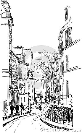 View of Montmartre in Paris under snow Vector Illustration