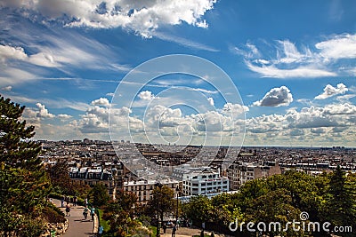 View from Montmartre to summer Paris and beautiful blue sky with soft clouds Editorial Stock Photo