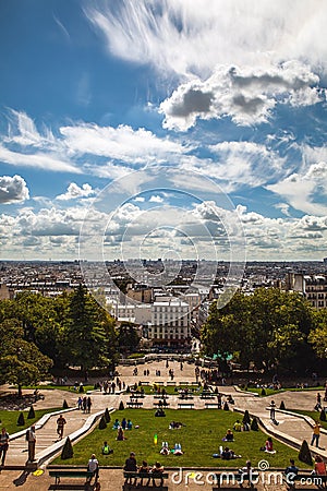 View from Montmartre to summer Paris and beautiful blue sky with soft clouds Editorial Stock Photo