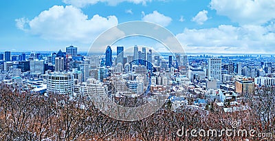 View of Montreal during the winter season. Beautiful urban panorama of a town in Canada. Downt Editorial Stock Photo