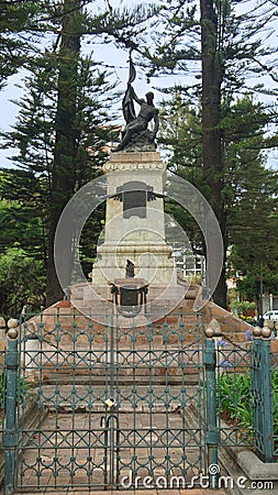 View of the monument dedicated to Abdon Calderon in the park Calderon in the historical center of the city of Cuenca Editorial Stock Photo