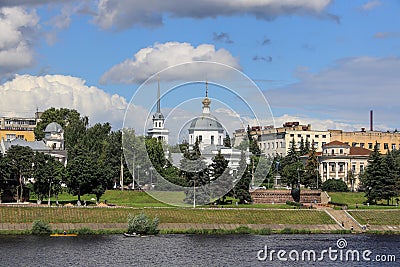 View of the monument to Athanasius Nikitin and the resurrection Church on the banks of the Volga river. Russia, the city Tver, Jul Editorial Stock Photo