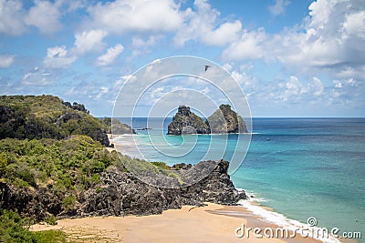 View of Morro Dois Irmaos and Praia do Americano Beach from Boldro Fortress Viewpoint - Fernando de Noronha, Pernambuco, Brazil Stock Photo