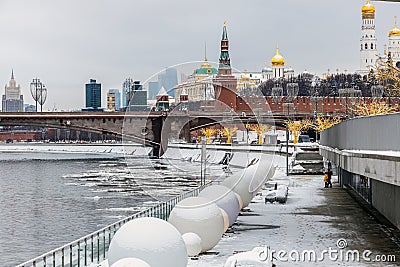 View of the Moscow Kremlin and the Bolshoy Kamenny Bridge in Moscow Stock Photo