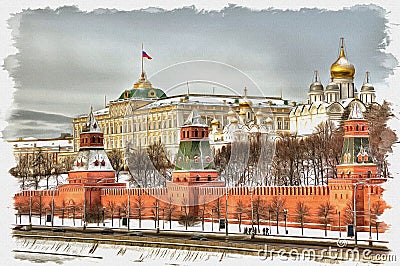 View of the Moscow Kremlin. Imitation of a picture. Oil paint. Illustration Stock Photo