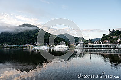 View on Mosel river, hills with vineyards and old town Traben-Trarbach, Germany Editorial Stock Photo