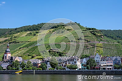 View on Mosel river, hills with vineyards old town Zell, Germany Stock Photo