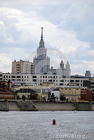 View of the Moskva river embankment in Moscow. The Ukraine hotel Editorial Stock Photo