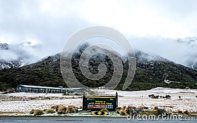 View of Mount Cook Village covered with white fresh snow after a snowy day Editorial Stock Photo