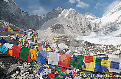 View from Mount Everest base camp with prayer flags Stock Photo