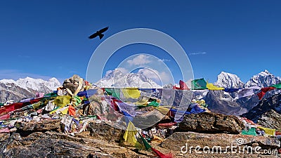 View of Mount Everest massif from Renjo La pass, Himalayas, Nepal with Buddhist prayer flags flying in the wind and a black bird. Stock Photo